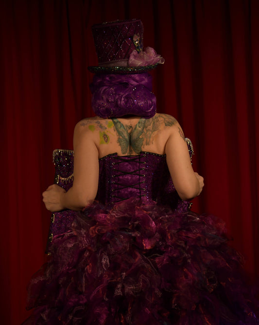 Burlesque performer on stage, back to audience, opening corset. Purple outfit with rhinestones. Tophat.