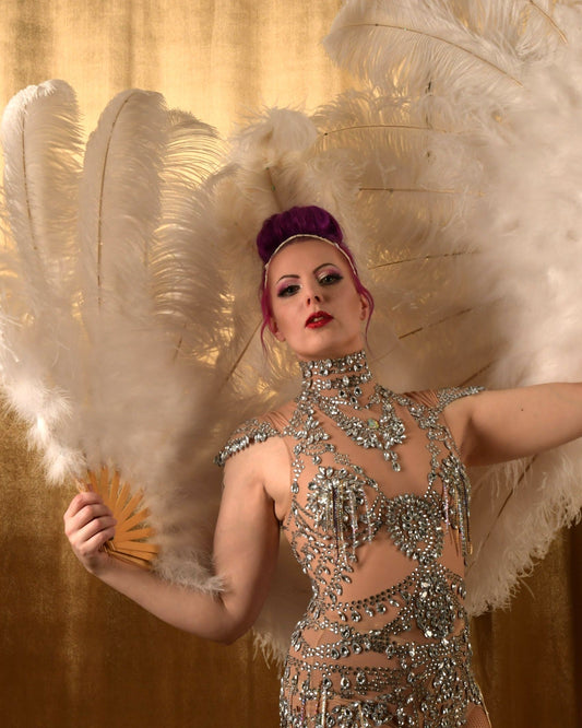 Performer has mesh body with lot of rhinestones on and she is holding white feather fans. She has purple hair on a high bun. Golden back drop.